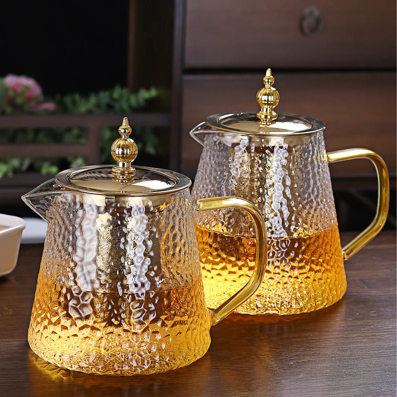 New Design Stove Top Safe 450ml 650ml 900ml Hammer Glass Teapot With Golden Color Stainless Steel Lid And Strainer