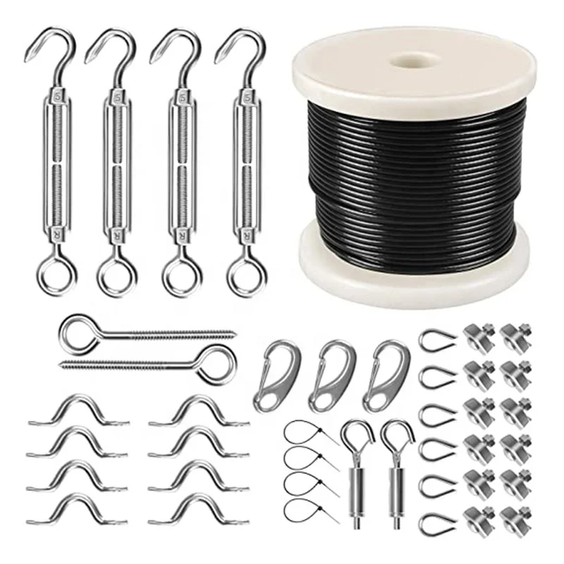 String Light Suspension Kit with Stainless Steel 150fts PVC Coated Wire Rope,Turnbuckle and Hooks