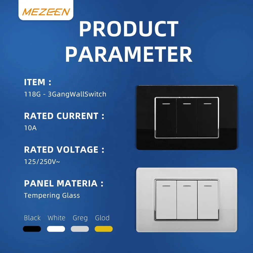 Light Switches Glass Plate Electrical US Standard 118 Type Electric Power 1/2 Way 1/2/3/4 Gang Push Button Wall Switch