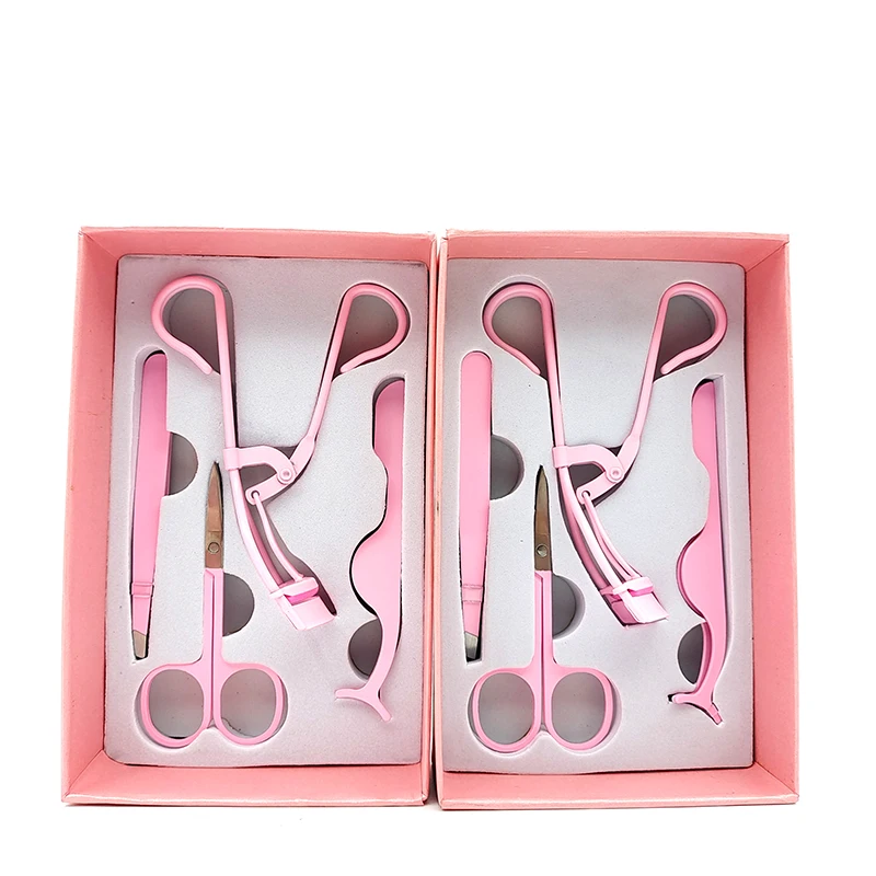 pink custom stainless steel false eyelash tweezer eyebrow scissor clip with lashes curler applicator 4pcs set
