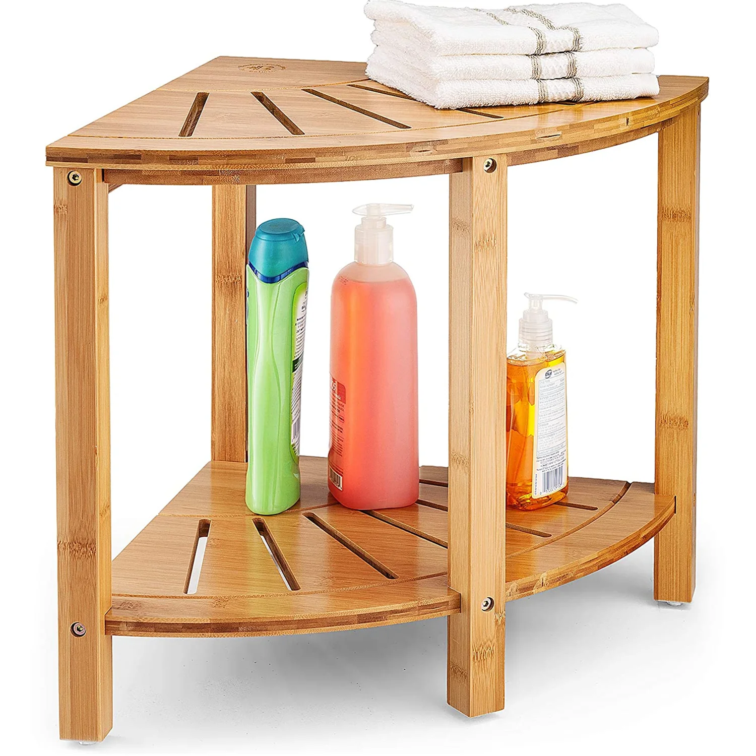 Bamboo Corner Shower Bench with Storage Shelf for Bathroom Organization Wood Spa Stool Bench