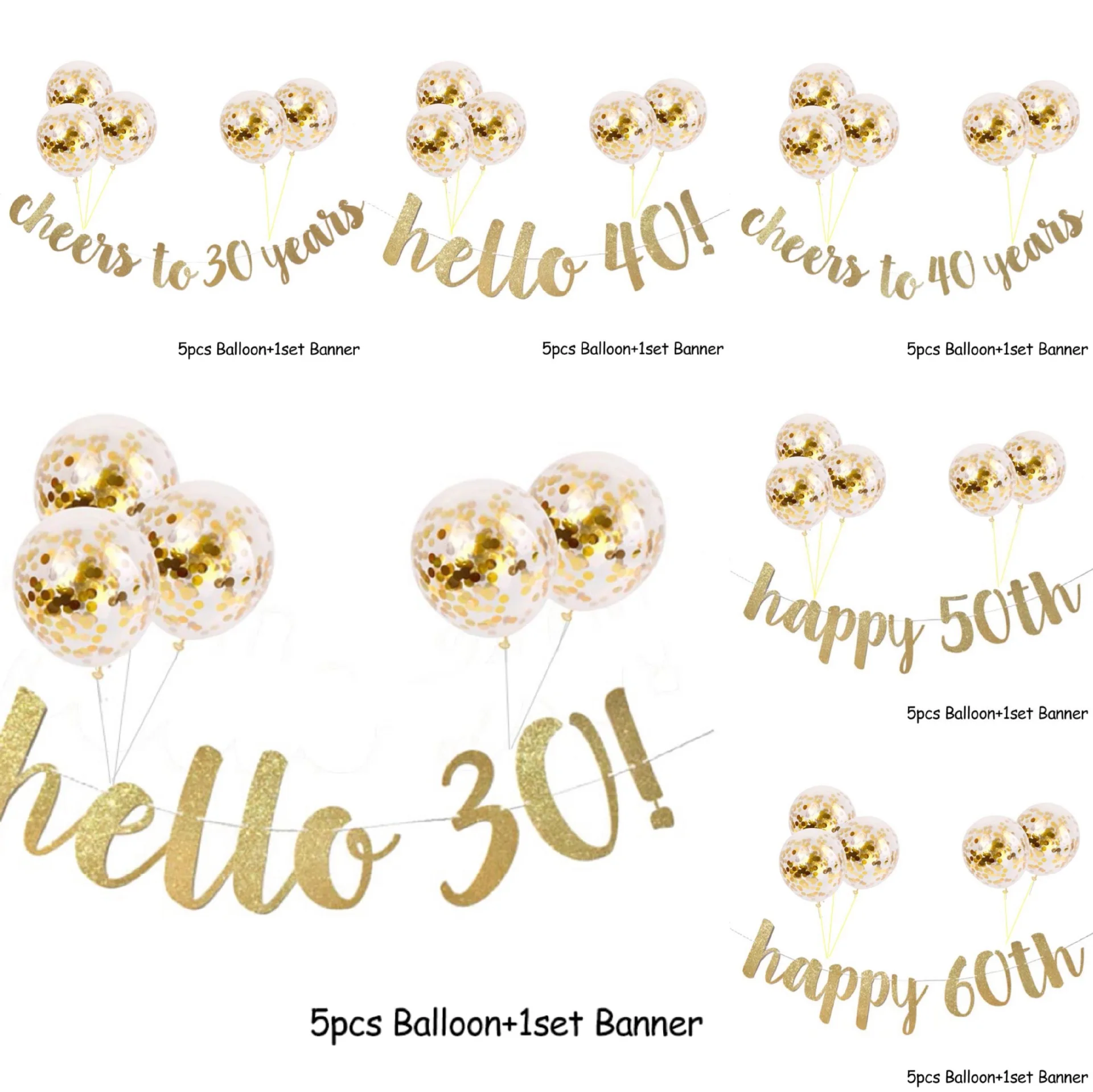 
 Happy Birthday 30/40/50/60 decoration set letter number banner glitter banner 12 inch confetti balloons Hello 30 Cheers to 40th  
