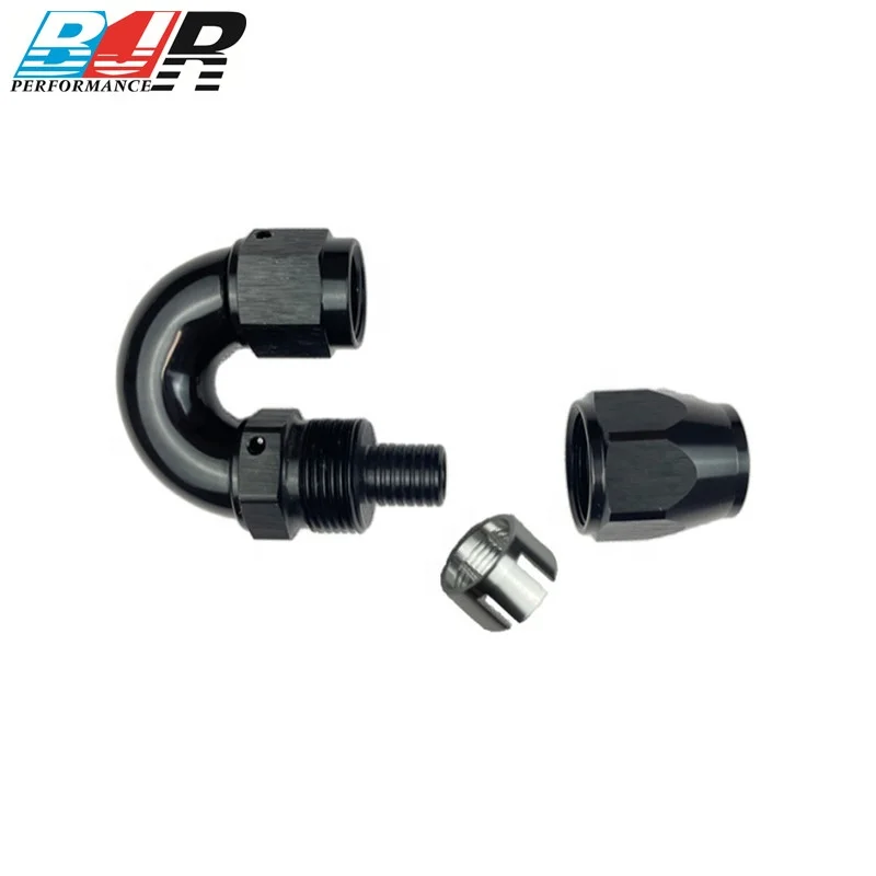 BJR AN10 AN12 Black Aluminum Fuel Fittings One Piece 180 Degree Lightweight Racing PTFE Hose Ends