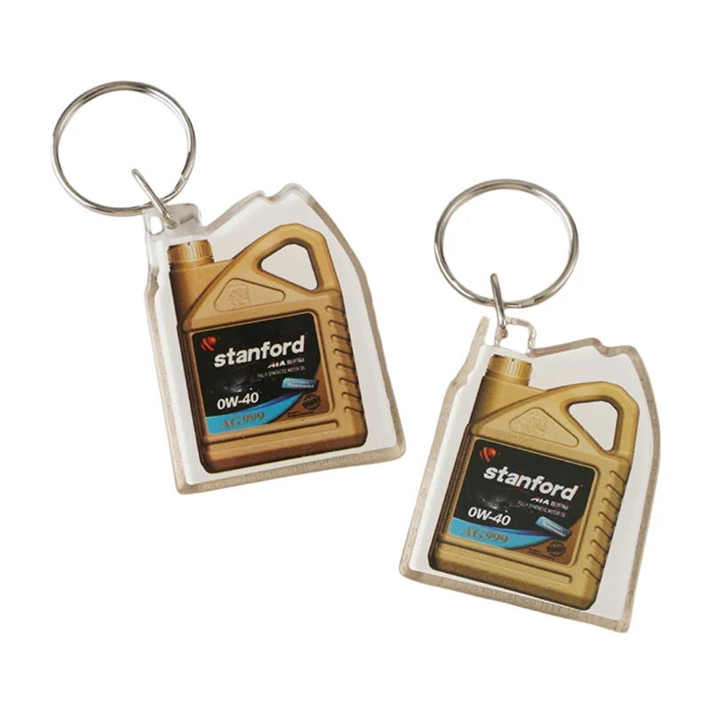 Oil bottle shape plastic transparent frame keychains with printed paper insert