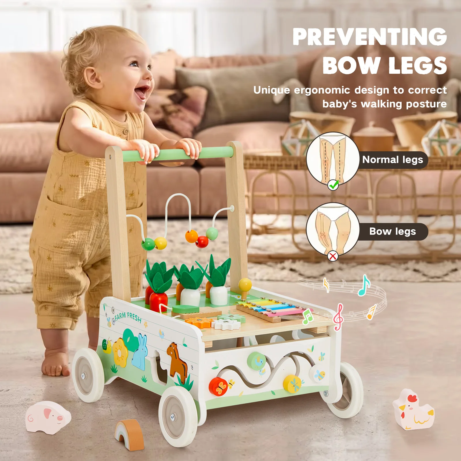 Anti-Rollover Puzzle Shape Paired Toy Wooden Baby Walker Multi-Functional Farm Toddler Stroller For Children