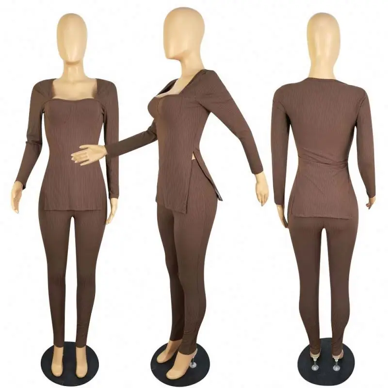 Новое поступление Европейский однотонный топ с квадратным вырезом и леггинсами сексуальный комплект из двух предметов для женщин