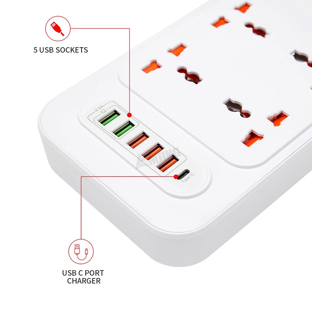 Hot Selling 6 outlet universal extension socket with type c surge protector power strip