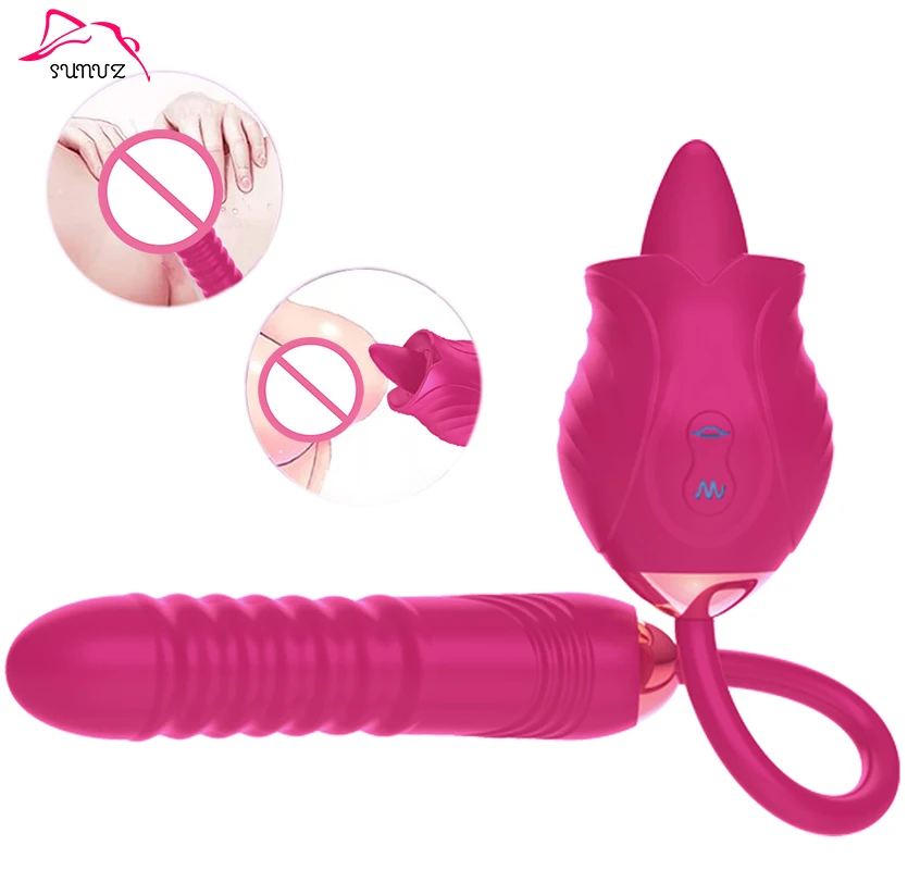 Rose Flower Shape Licking Sucking Toys Thrusting Dildo G spot Vibrator Sex Products Rose 2 In 1 Toys For Women Rose Vibrator