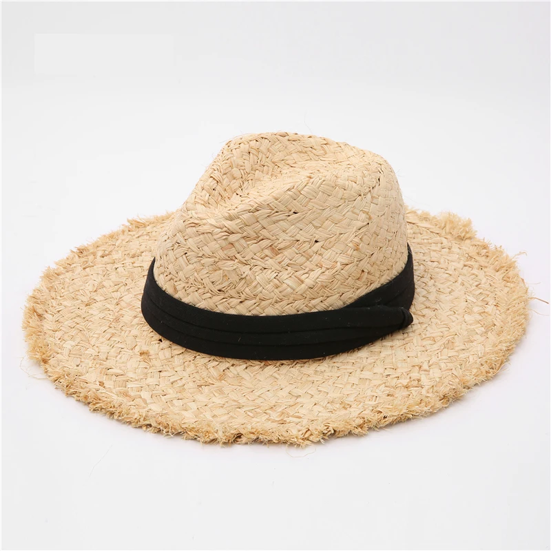 New Raffia hat Panama Straw Hat Summer Black ribbon Women Men Wide Brim Beach Sun Cap UV Protection Jazz Fedora Hat