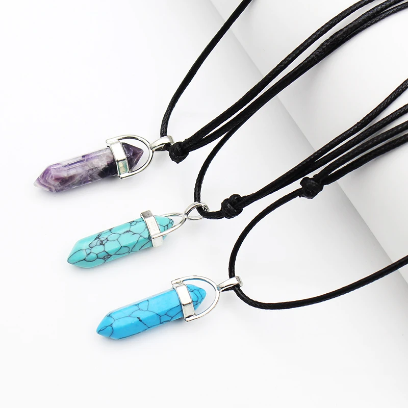 Fashion Hexagonal Column Bullet Pendants Jewelry Necklace Crystal Quartz Healing Point Chakra Stone Long Charms Chains