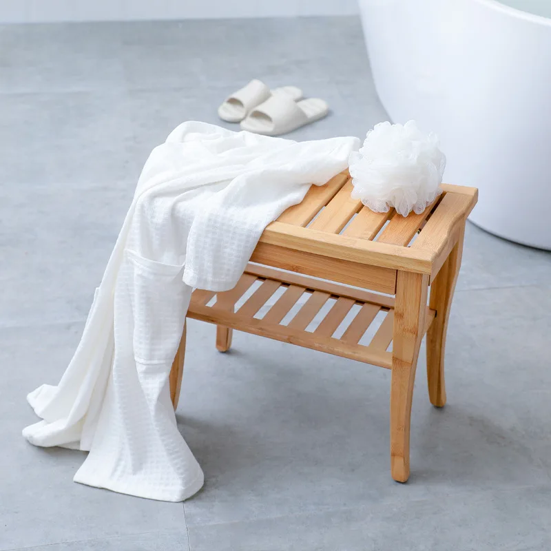 Waterproof Wooden Bamboo Shower Seat Bench With Storage Shelf