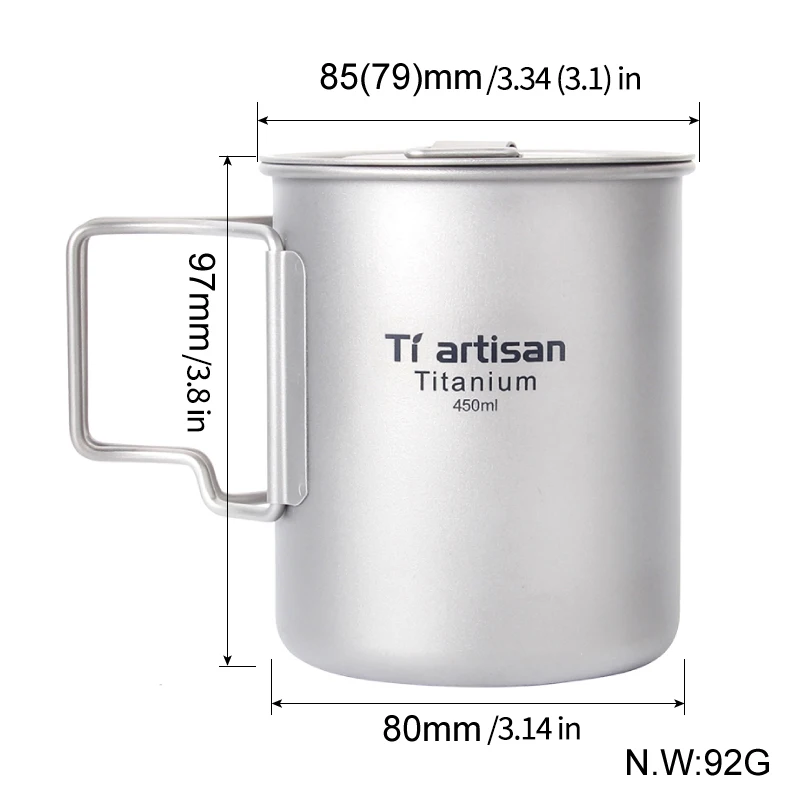 Camping mugs water Cup titanium coffee mug 450ml  Foldable Handle Titanium Pot with Lid camping accessories