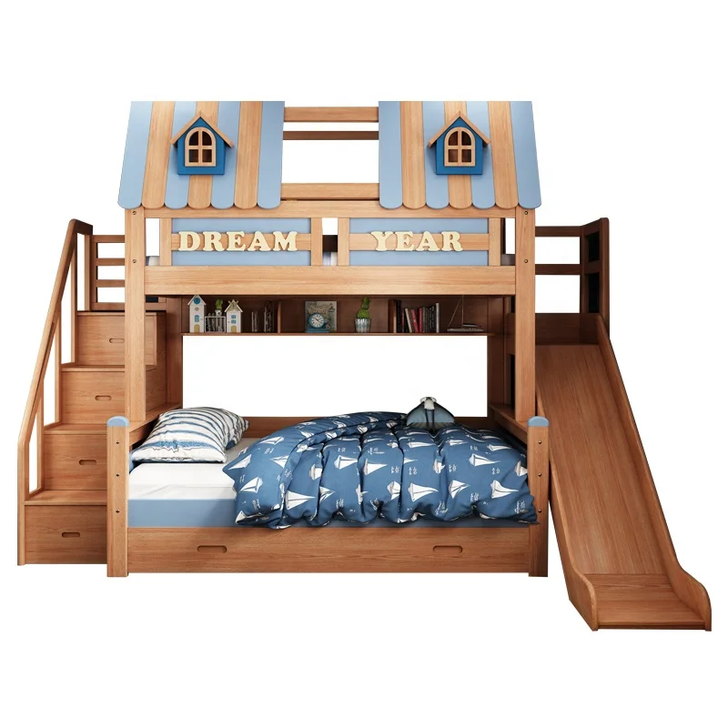 wooden bunk bed with slide cute design children bedroom furniture boys double bunk beds for kid house castle bed