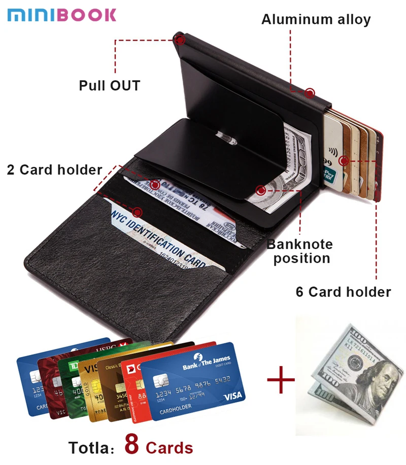 Бумажник Minibook из искусственной кожи металлический Rfid-кошелек автоматический алюминиевый держатель для кредитных карт бумажники на заказ