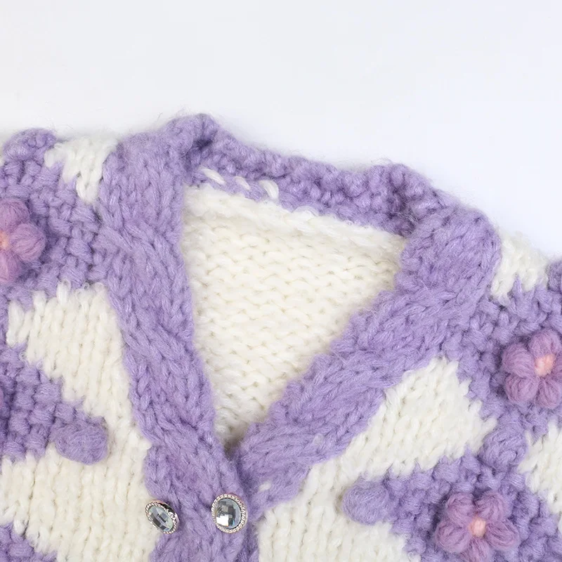 New Arrivals Winter Thick Double Button Flower Pattern V Neck Cardigan Knitted Knitwear
