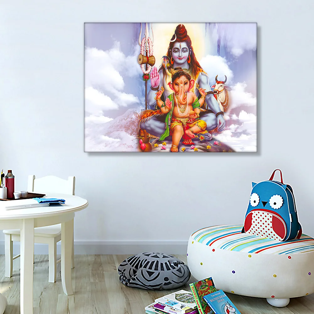 India Hindu Gold Ganesha Temple Elephant God Painting on Canvas Posters Prints Religion Art Wall Art Living Room Decor Cuadros