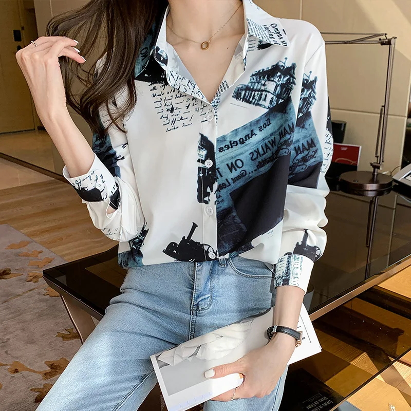 Women 100% Silk Crepe Long Sleevesp French Style Printed Loose Blouse Shirt 2021 Spring Office