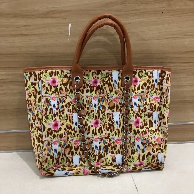 Women Sunflower Cow Print Bull Head Chain Leather Large Tweed Bag