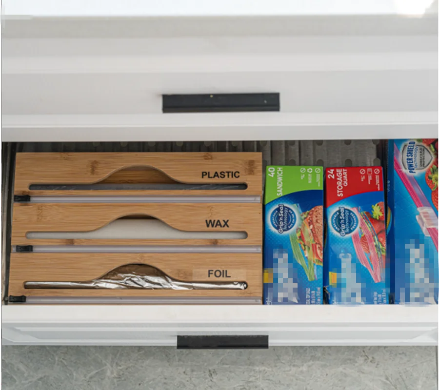 3 in 1 Bamboo Plastic Wrap Dispenser with Slide Cutter for Aluminum Foil, Cling Film, Parchment Paper