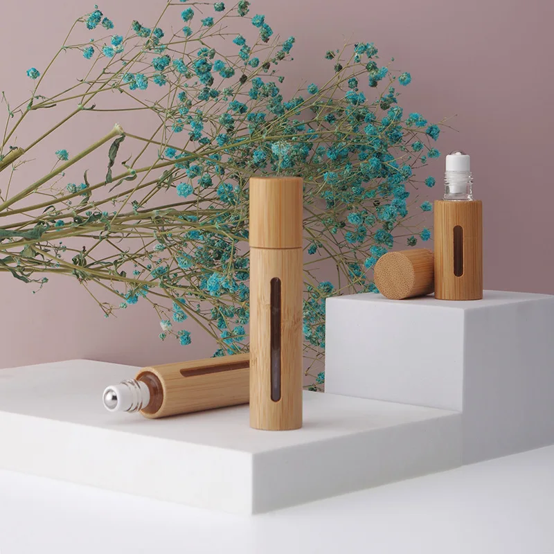 Custom Logo 10ml Bamboo Shell Glass Roll on Bottles for Essential Oils with Stainless Steel Roller Balls Rollerball Container