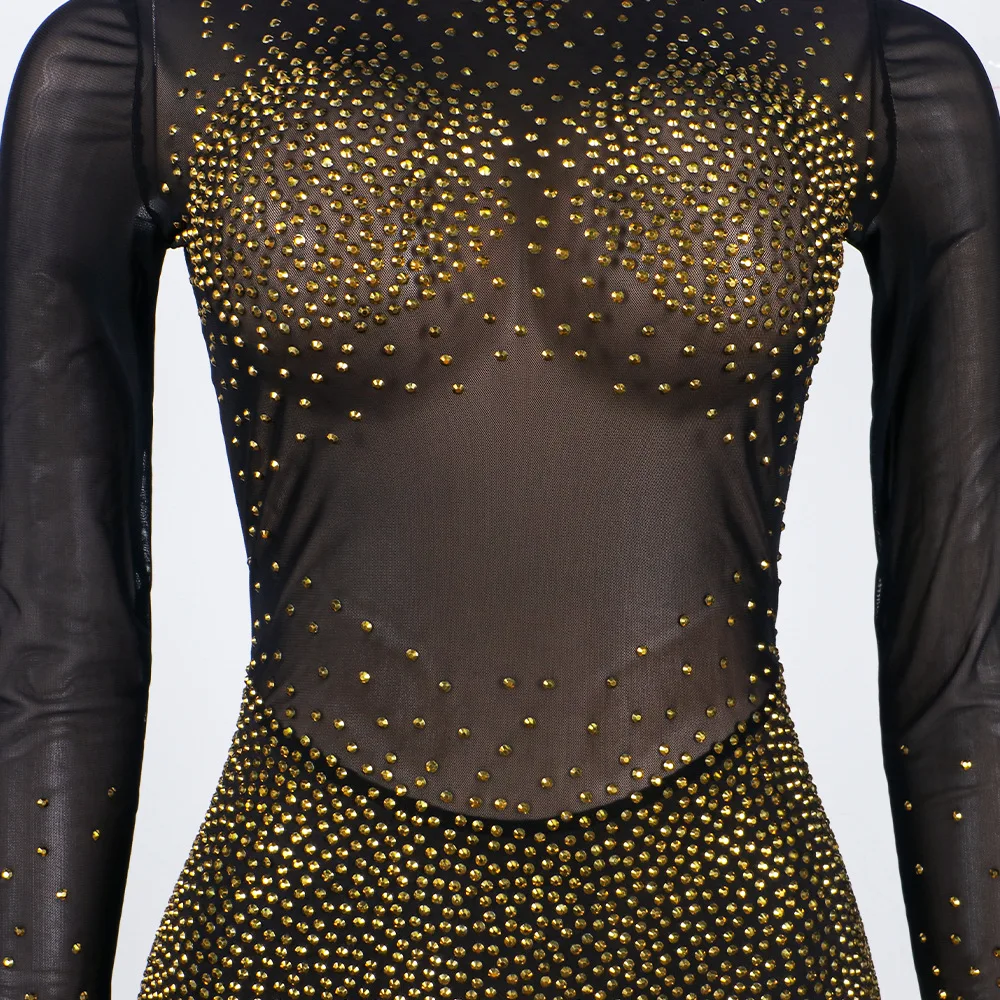 Drop Shipping Long Sleeve Bodycon Dresses Club Mesh Sexy Transparent Women Rhinestone Dress