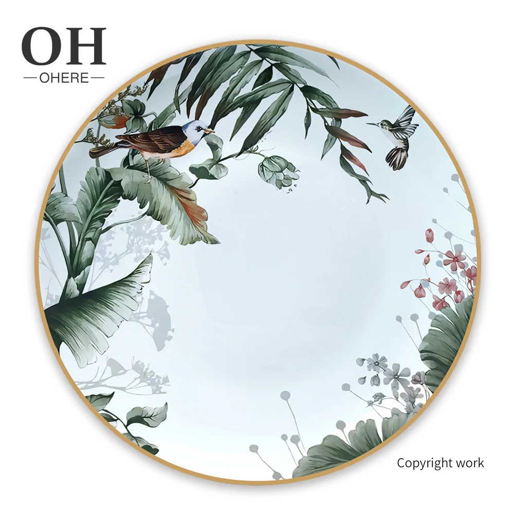 Ohere Latest customized green fine Bone China dinner Set wedding lovely bird ceramic tableware sets used restaurant plates