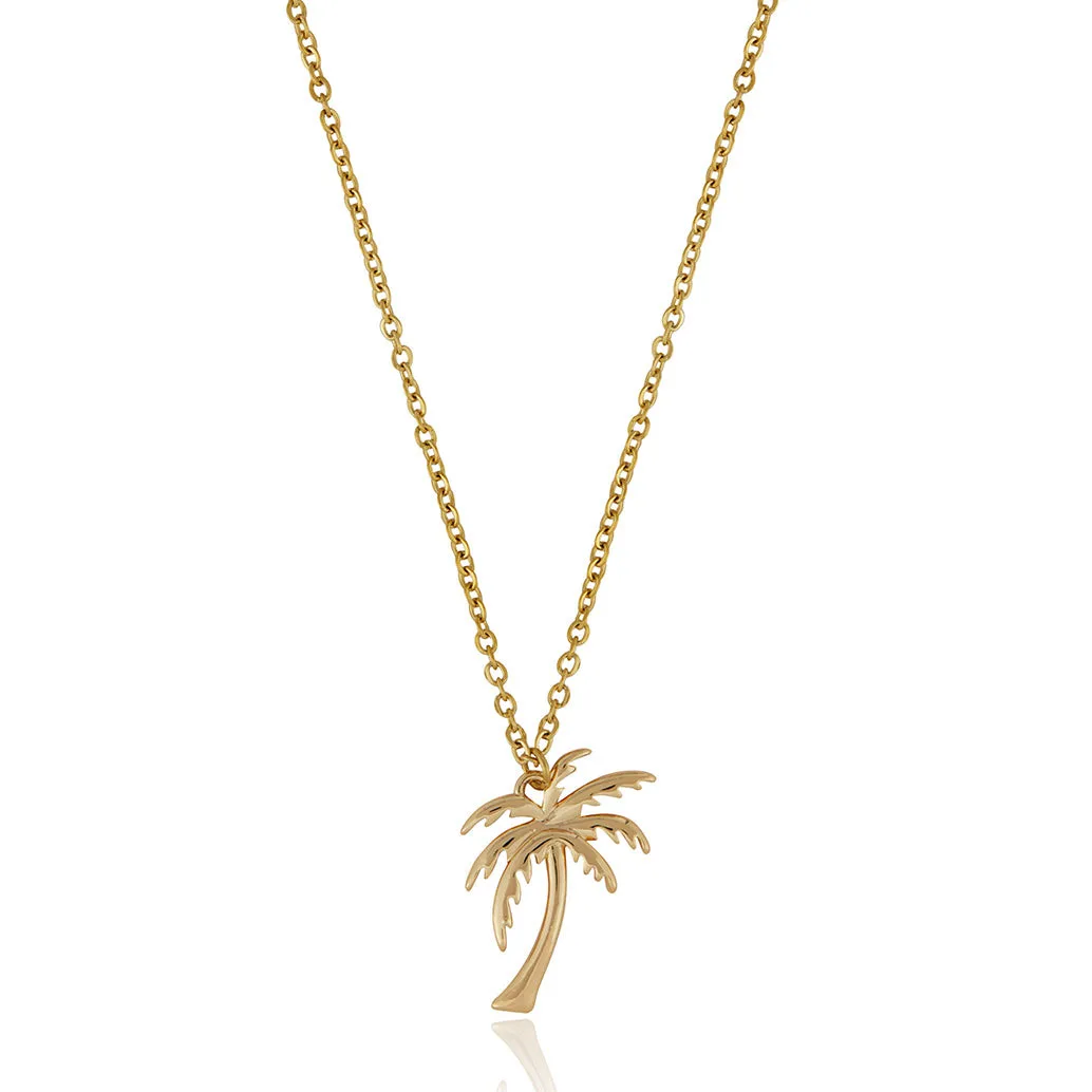 Summer Jewelry 18K Real Solid Yellow Gold Plated Stainless Steel Tropical Palm Coconut Tree Beach Pendant Necklace For Men