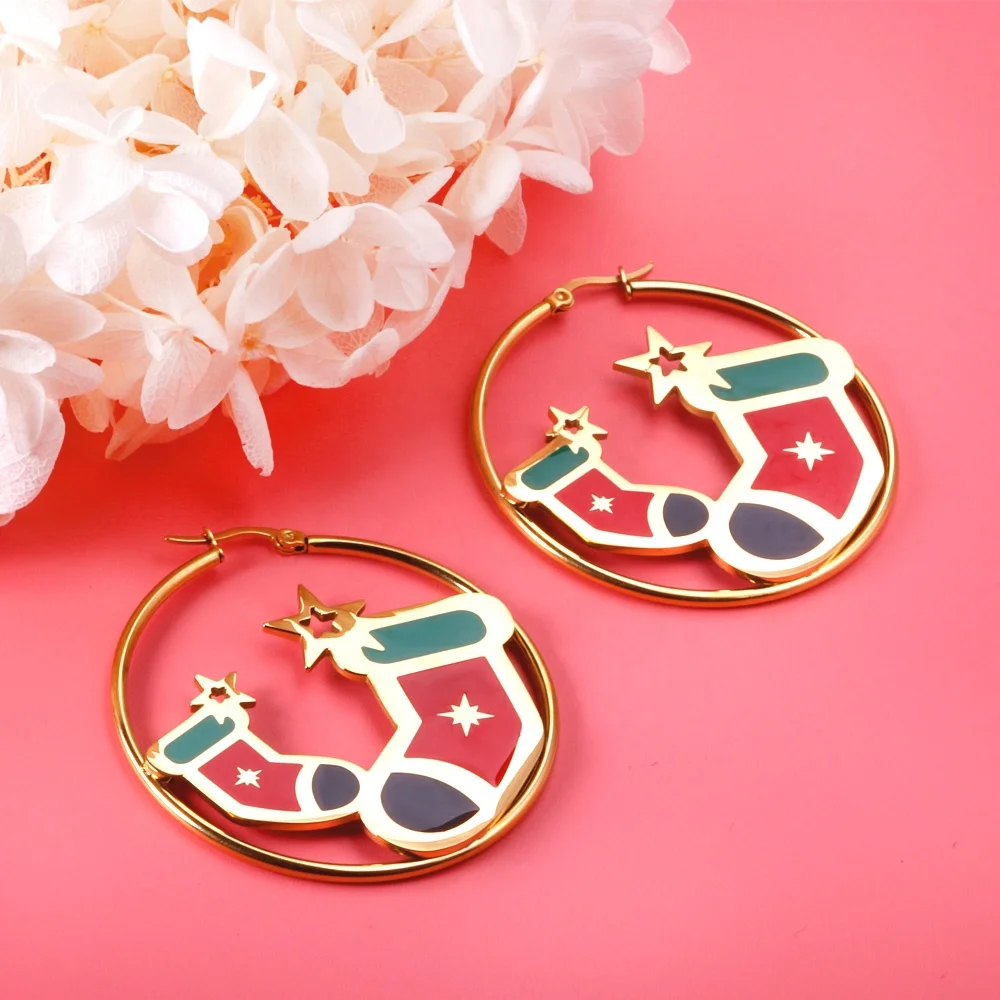 Hot Sale Christmas Jewelry Earrings Hypoallergenic PVD Gold Plated Christmas Elements Drip Oil Stainless Steel Earrings