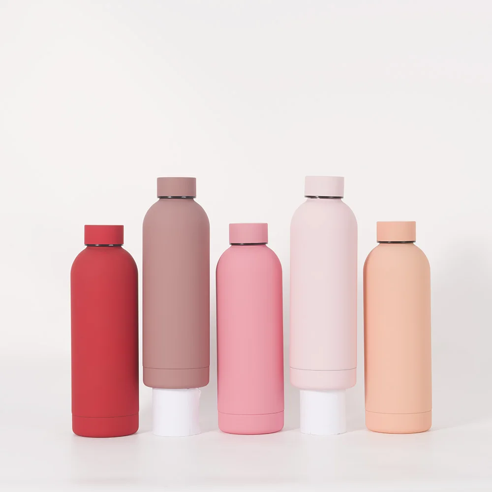 Custom logo pink insulated sport travel thermal soft rubber paint double wall stainless steel water bottle with handle