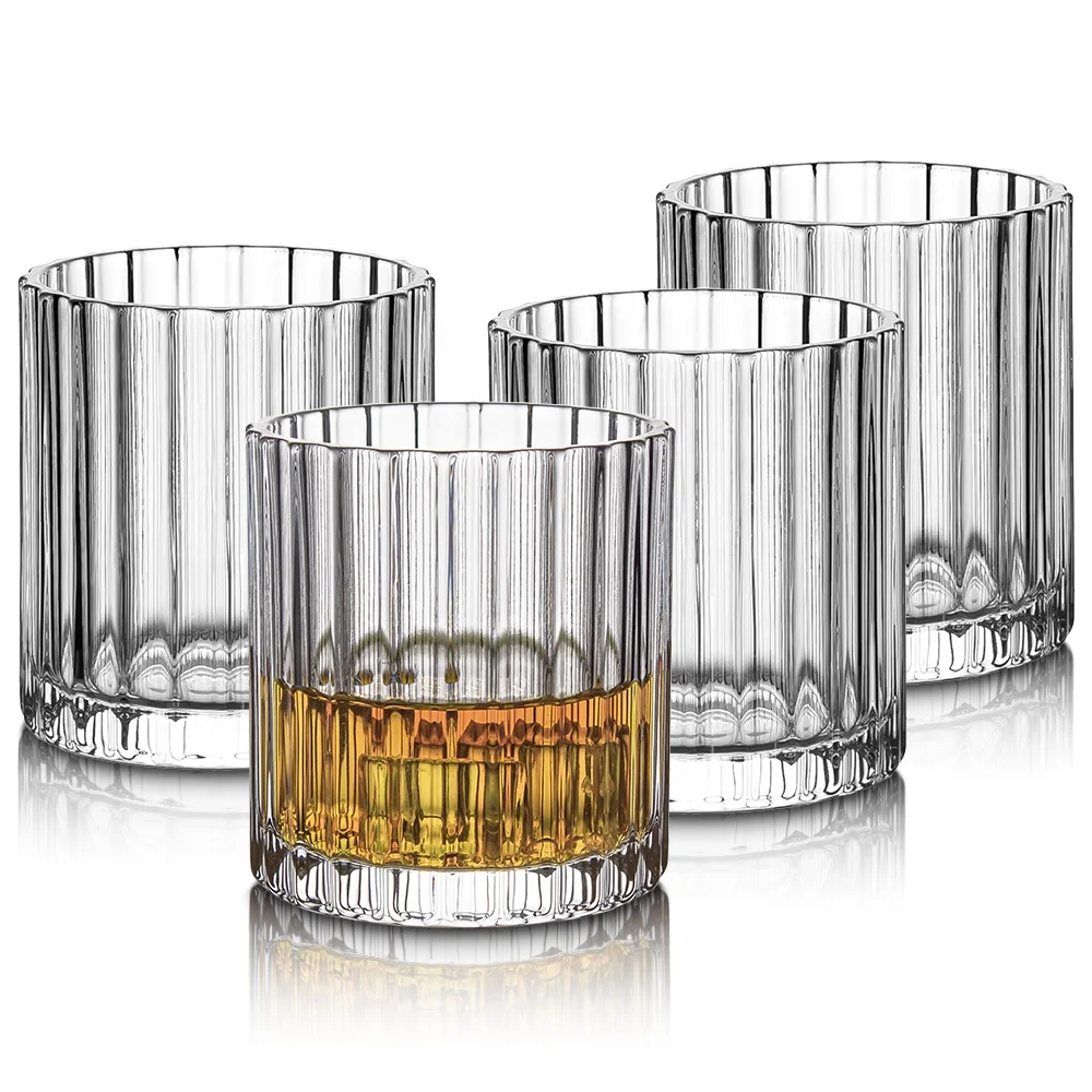 Vintage Ribbed Drinking Glass Cups 10oz Fashioned Origami Style Rock Whiskey Glasses