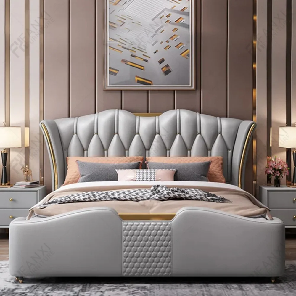 Wholesale luxury home bedroom furniture Italian hotel gold metal wooden beds king size leather headboard bed sheets