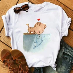 Cute Cartoon Cat Print T shirt Women Spring Summer Short Sleeve Round Neck T-shirt Woman Casual Slim Fit T shirts Women