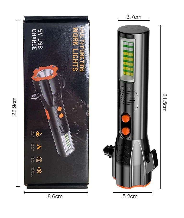 USB Rechargeable Multifunction Safety Hammer Self Defense Led Torch Flash Light Car Emergency Escape Rescue Solar Flashlight