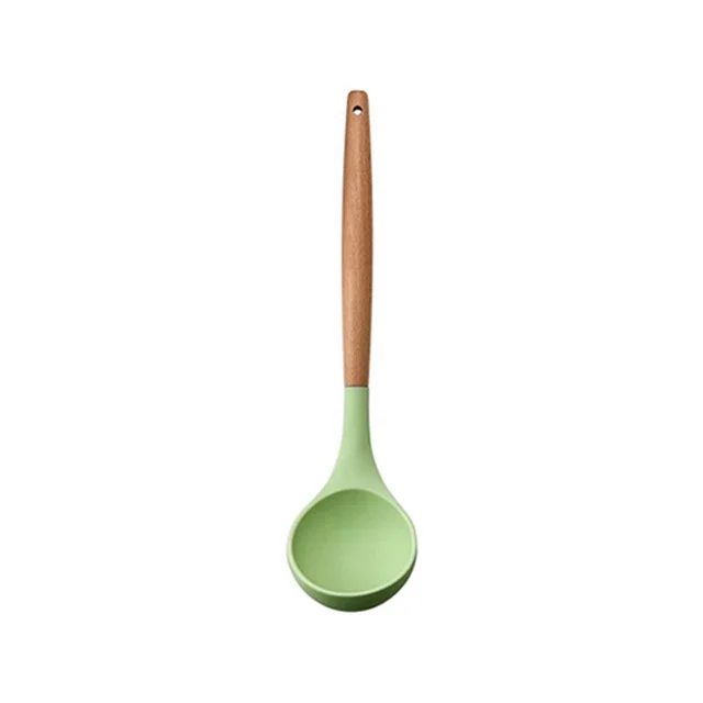 Heat Resistance Green Silicone Kitchenware Wooden Handle Spoon Spatula Turner Ladle Tongs Kitchen Utensils Set Cookware