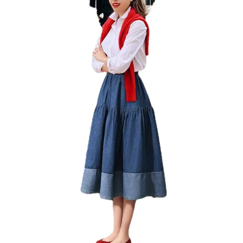 Elegant casual high waist women pleated A line midi length Skirt patchwork elastic Ladies denim skirts