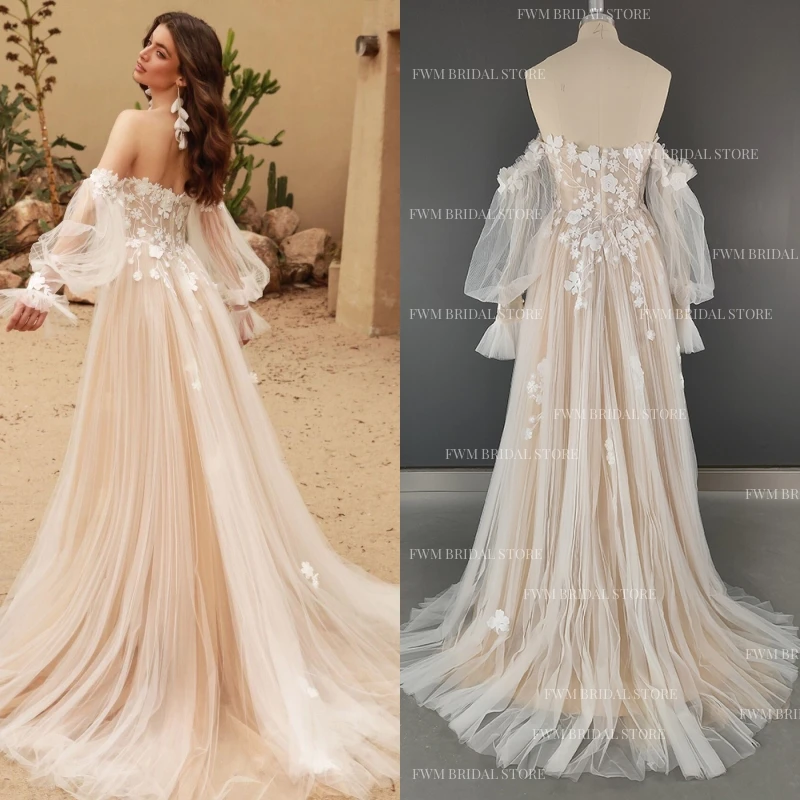 2220 # Boho пышные рукава аппликация кружева без бретелек свадебное платье большого размера женское свадебное платье обручальное вечернее платье