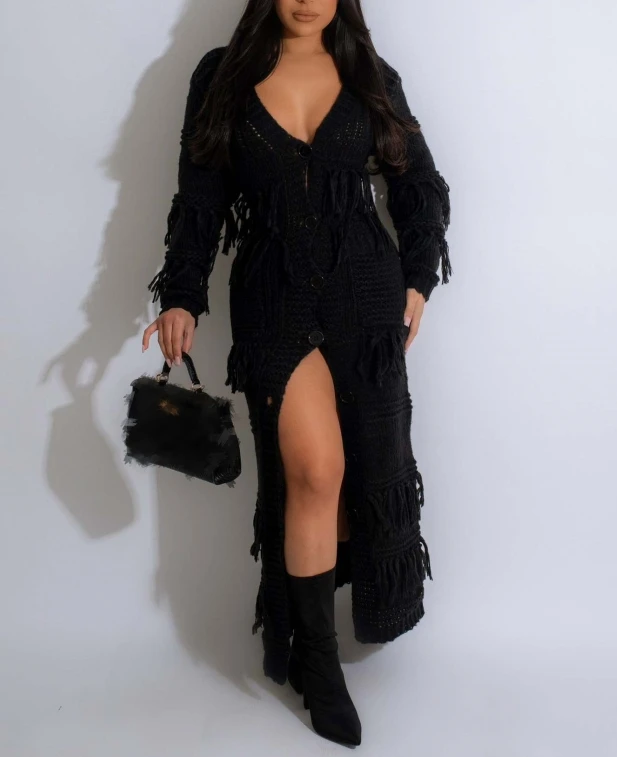 2024 Autumn Winter Long Sleeve Knitted Long Dresses For Women V-neck Tassel Pockets Single-breasted Party Club Sweater Dress