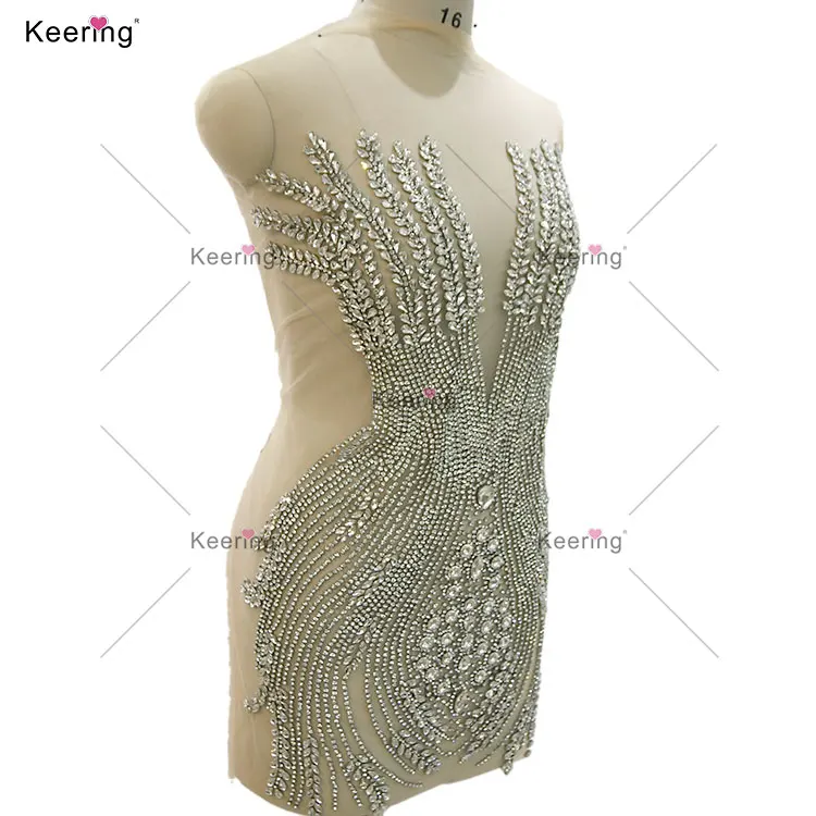 New Arrival Keering exquisite Bling Bling Shiny Wedding Dress silver good rhinestone bodice applique panel