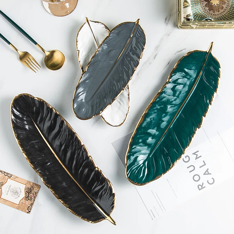 light luxury Nordic ceramic golden feather jewelry storage tray