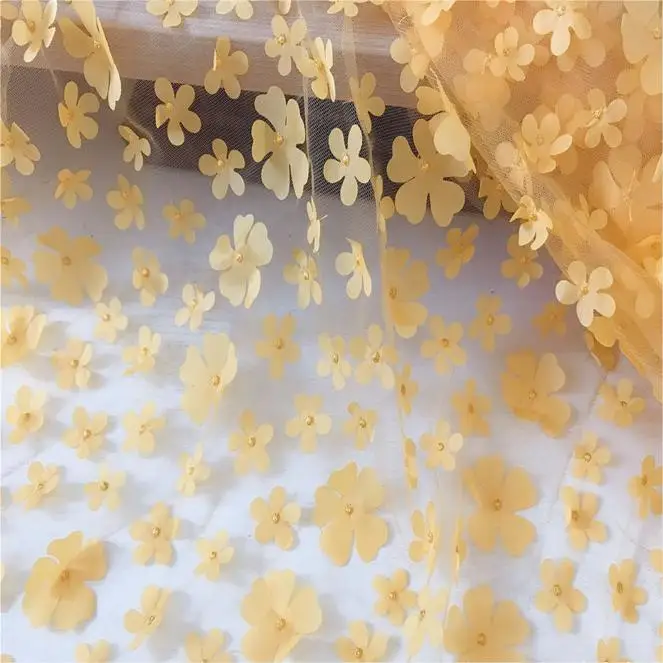Width 130 cm flower 3 d Embroidered mesh lace fabric colorful beads floral tulle fabric for women fashion wedding bridal dress