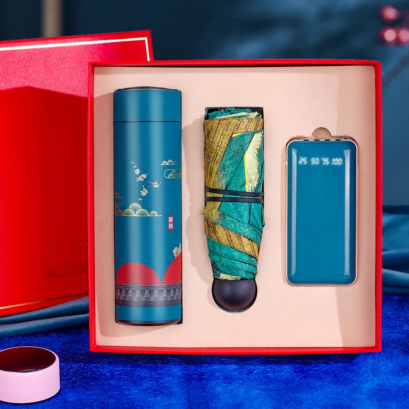Company  business Electronic Promotional Office Products gift set vaccum cup & umbrella & power bank 10000mah gift sets