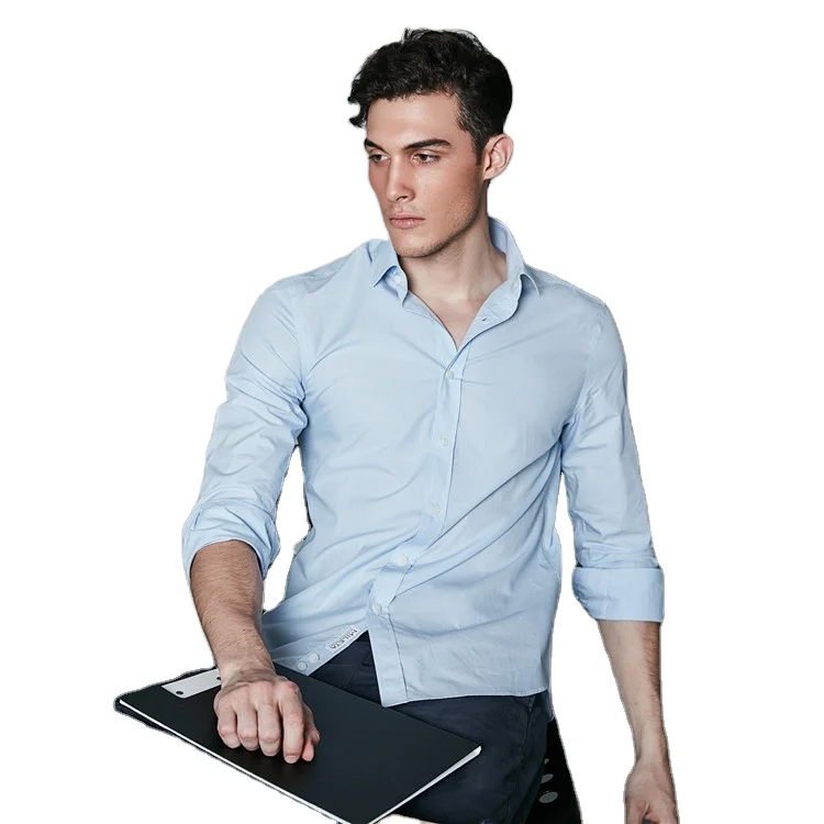 Custom made Bespoke MTM High Quality Fashion Casual Light Blue 100% Cotton Button Up Dress Men Fitted Shirts