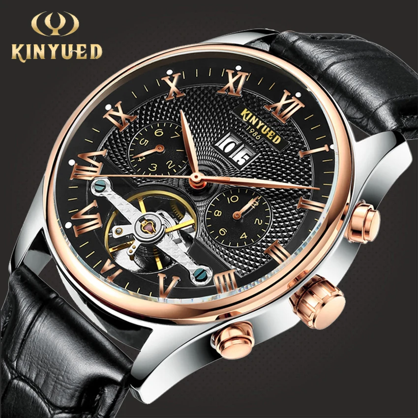Skeleton Tourbillon Mechanical Watch Men Automatic Leather Mechanical Wrist Watches Reloj Hombre 2019 KINYUED JYD-J1012