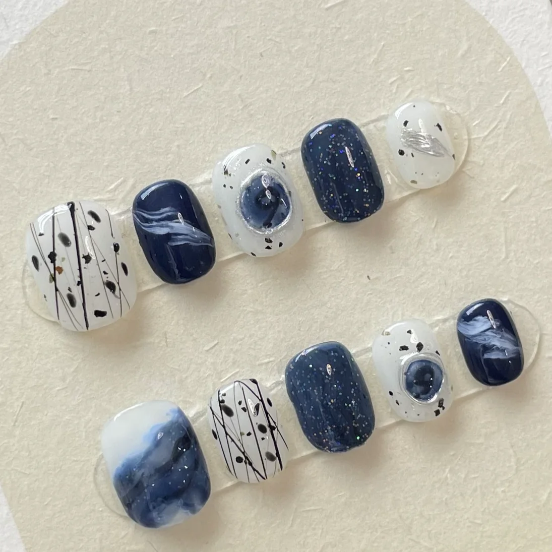 Wholesale Handmade Blue White 10 Pcs Kit Pre-Designed Full Cover Artificial False Fake Short Press On Nails With Custom Design