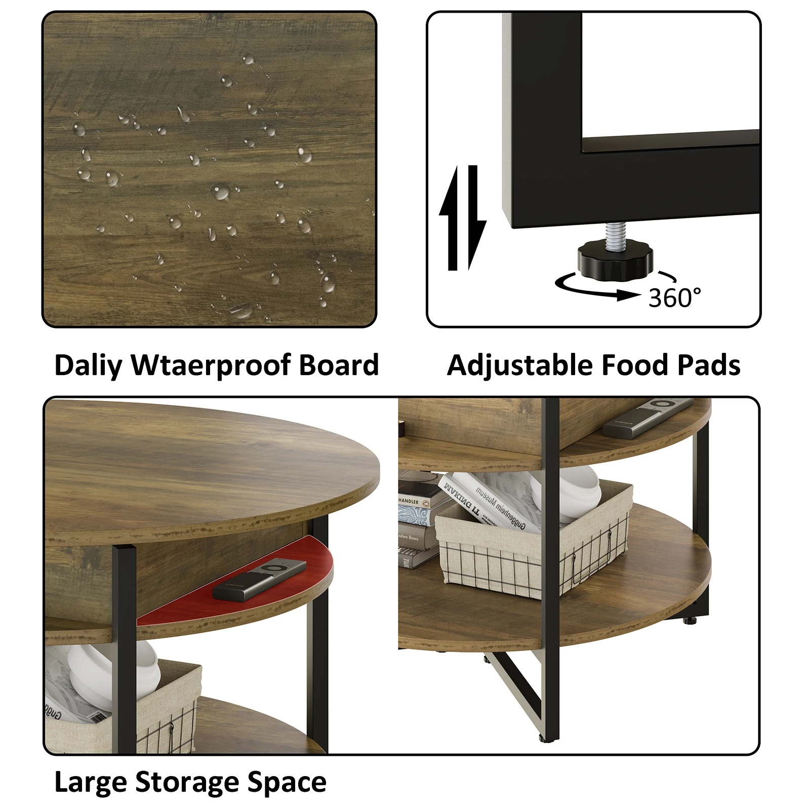 Round Center Table Wood Lift Top Circular Coffee Table with Hidden Storage Compartment and Shelf