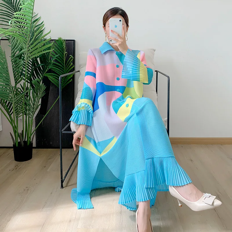 High Quality Miyake Pleated Print Shirt Dress Petal Fashion Casual European and American Women Plus Size Dress