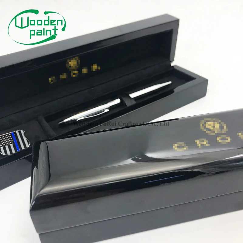 Custom Elegant Wooden Pen Box black piano lacquer souvenir medal Single Fountain Pen Wood Box for luxury Pencil Gift storage