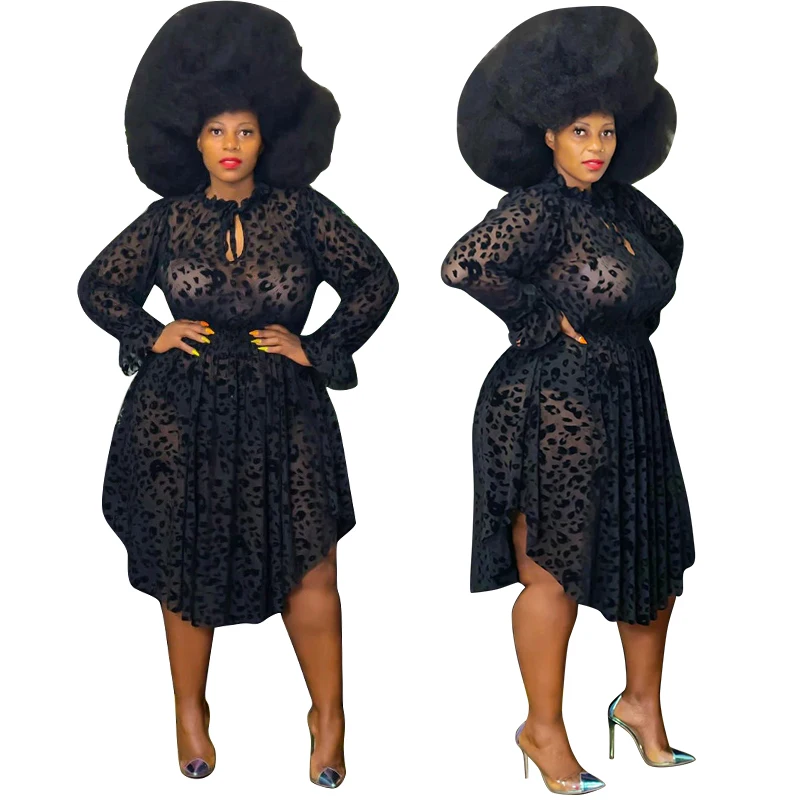 
Women Clothing Sexy Leopard Print See Through Mesh Maxi Dress Plus Size Dress 