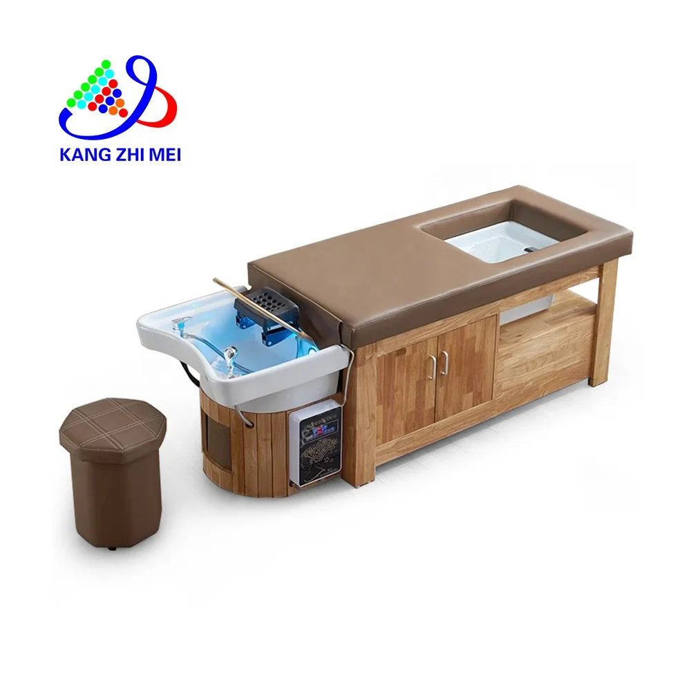 Beauty Salon Barber Hair Washing Head Therapy Spa Thai Nursing Electric Water Circulation Wooden Shampoo Bed Units with Footbath