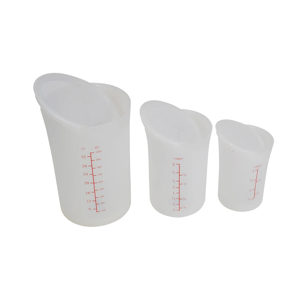 Food safe grade 3 piece silicone  measuring cup set with lids silicone mixing cup set with lids